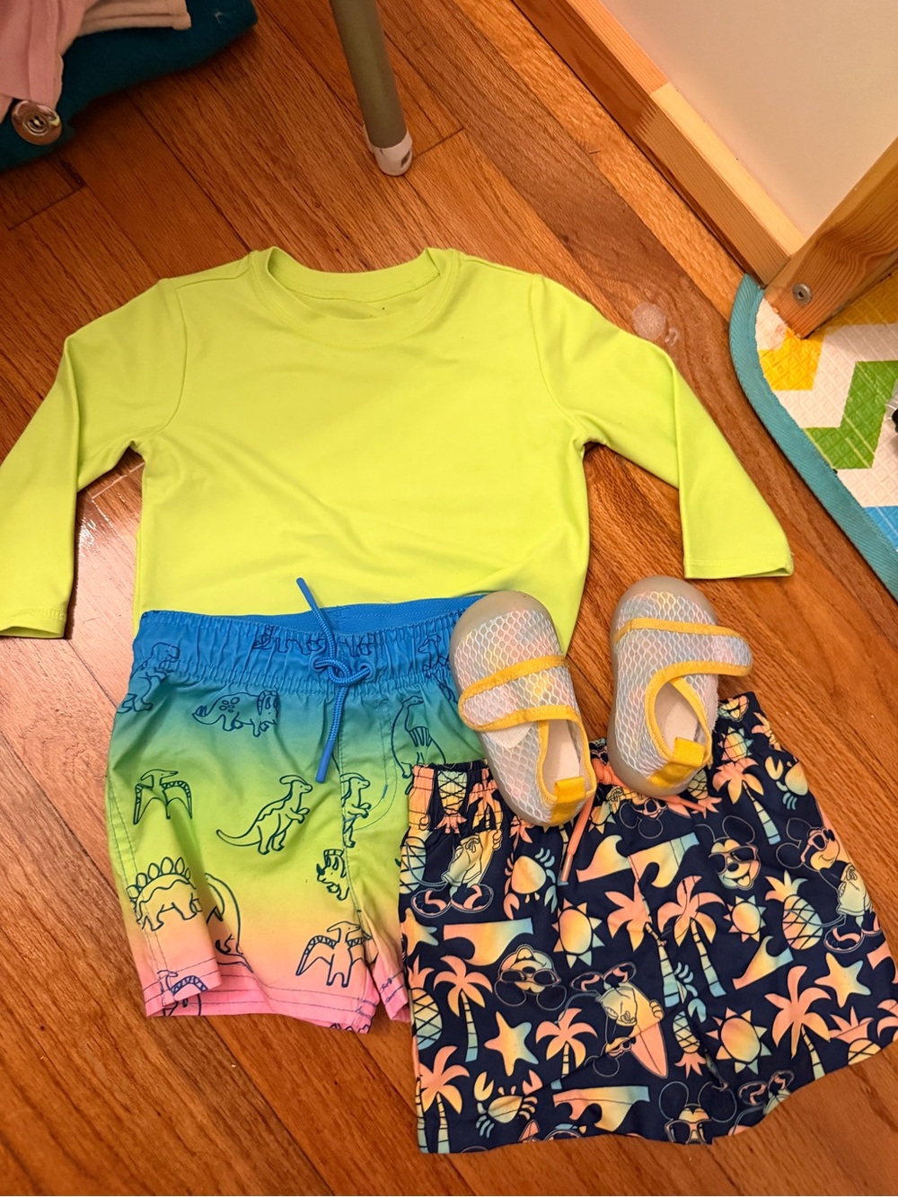 Kids Lime Green Long-Sleeve Swim Shirt with Multicolor Swim Shorts Set